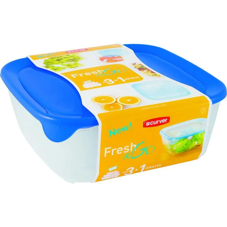 CURVER "FRESH&GO" SZÖGLETES ÉTELTARTÓ SZETT 0,8L+1,7L+2,9L+0,25L - TRANSZPARENS/KÉK